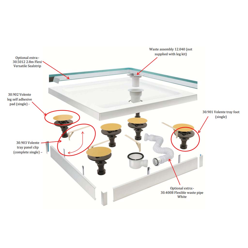 Volente Legs & Panel Kit for up to over 1200mm Quadrant Shower Trays - White