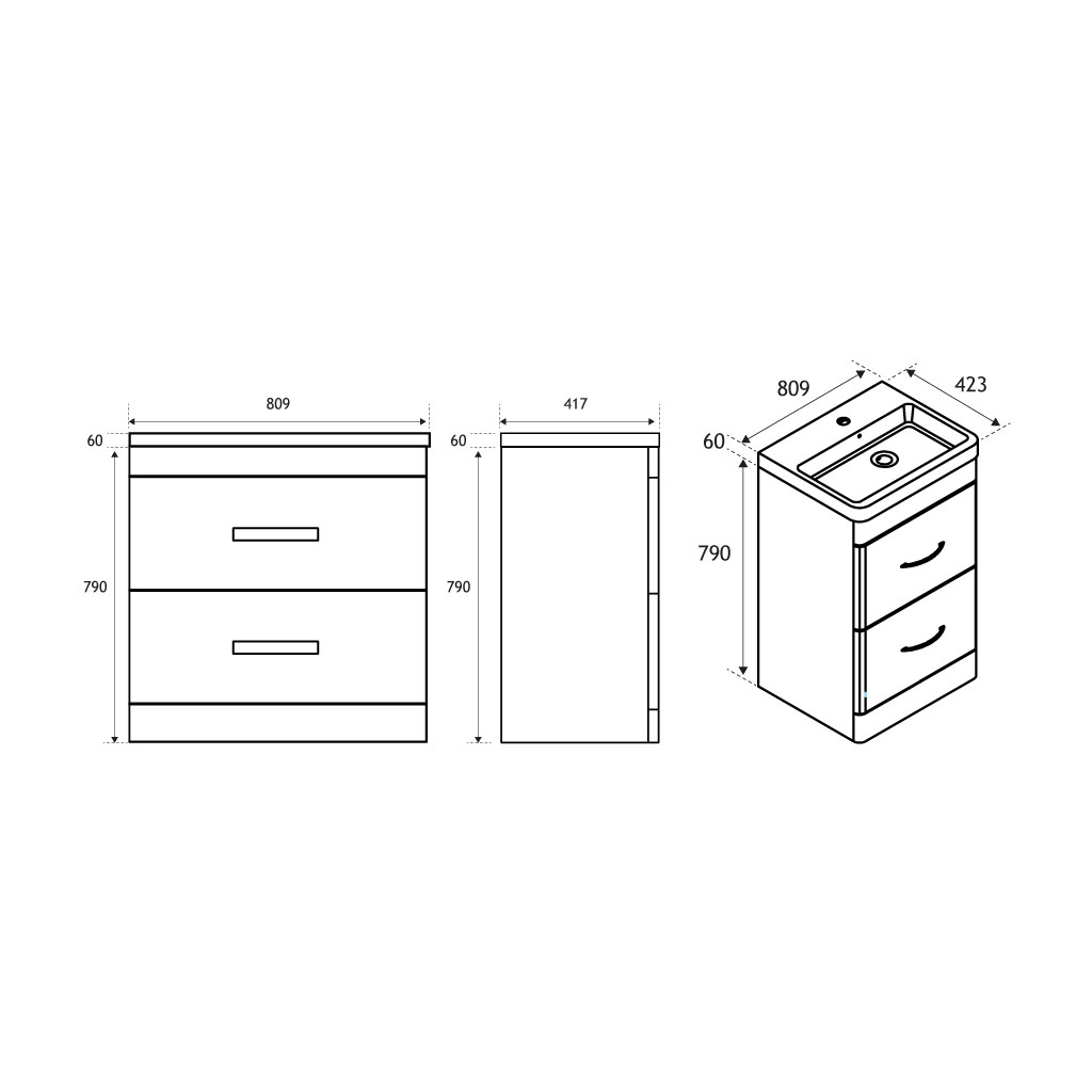 Cavone 80CM 2 Drawer Basin Vanity Unit - High gloss white 