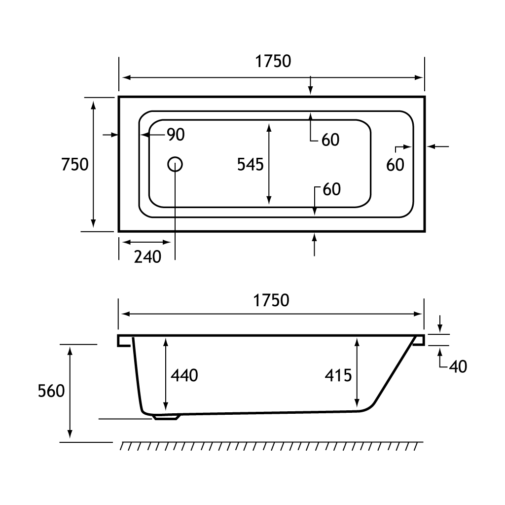 Portland Single Ended (SE) 1750 x 750 x 440mm  Bath - White