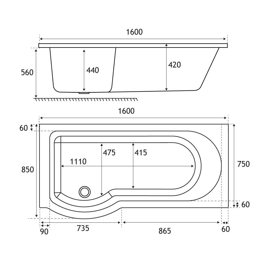 Portland 1600 x 850 x 440mm Left hand (LH) P-Shaped Beauforte Shower Bath - White