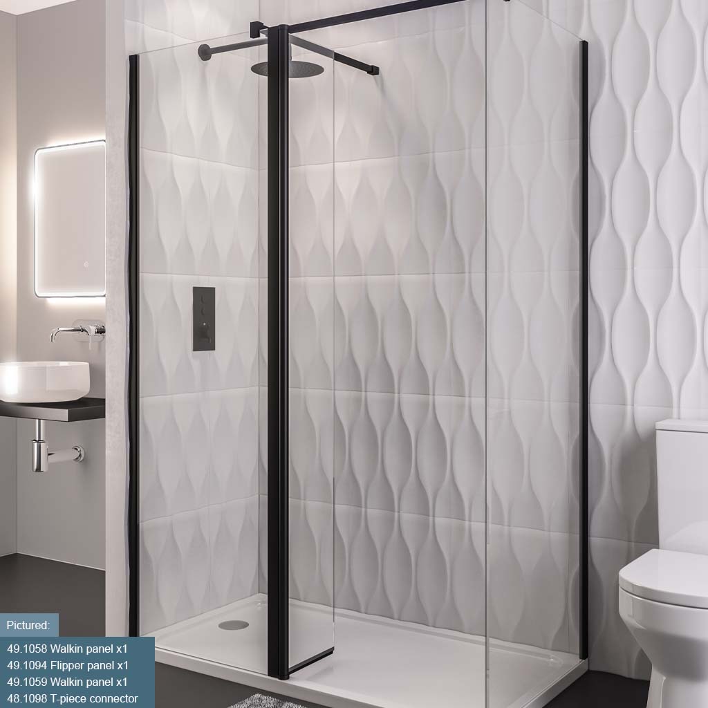 Vantage 2000 8mm Easy Clean 2000mm x 300mm Flipper Shower Panel - Matt Black