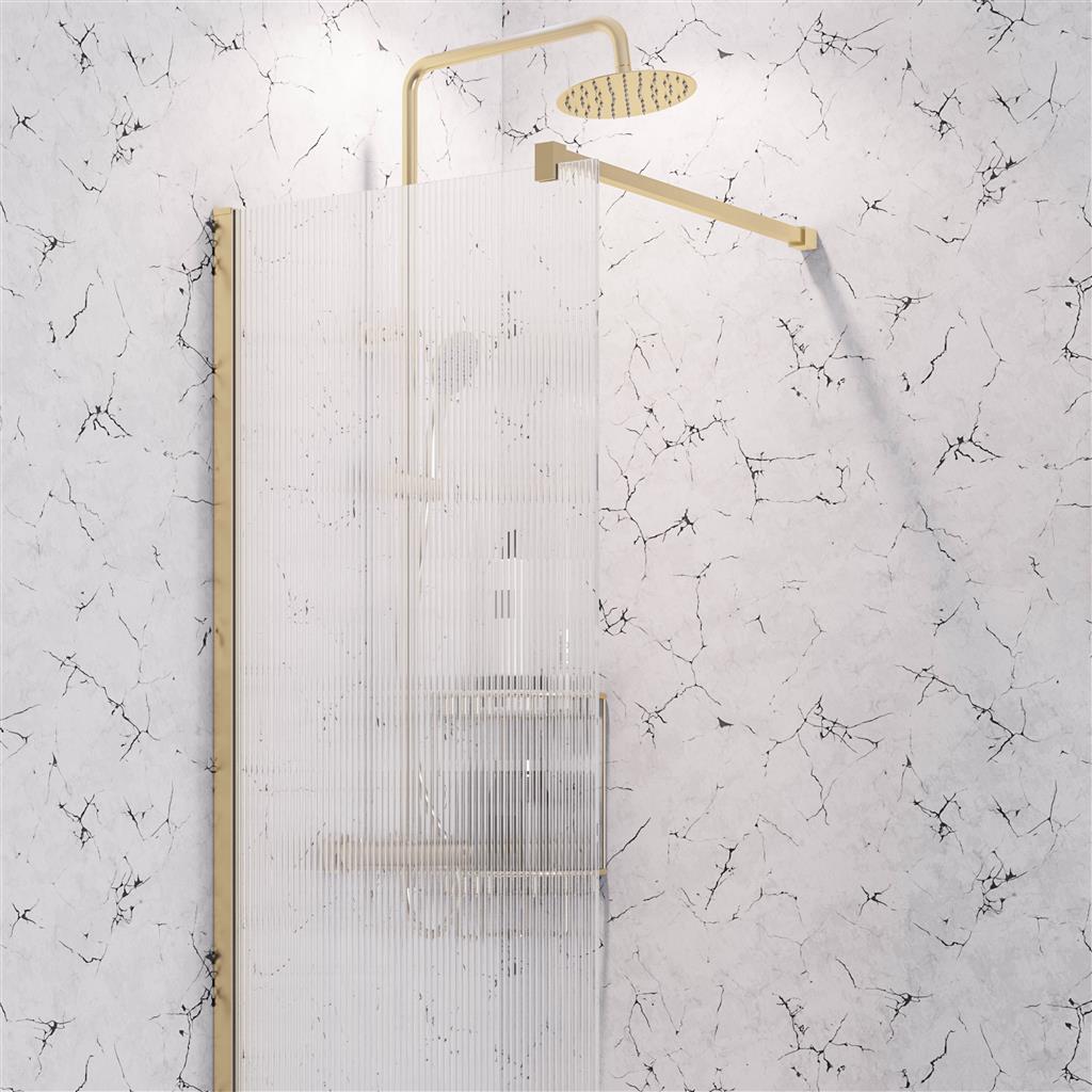 Vantage 2000 8mm Easy Clean 2000mm x 900mm Walk-In Shower Panel with Fluted Glass - Brushed Brass