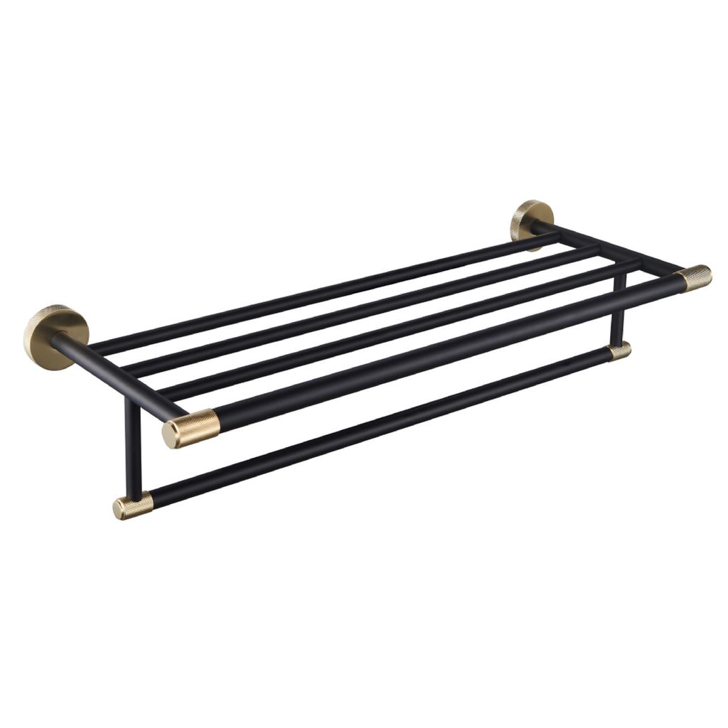 Catania Towel Rack with bar 600mm  - Matt Black/Brushed Brass