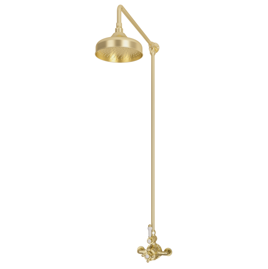 Traditional Twin Thermostatic exposed shower Valve with Rigid riser with 8'' Rose Head - Brushed Brass