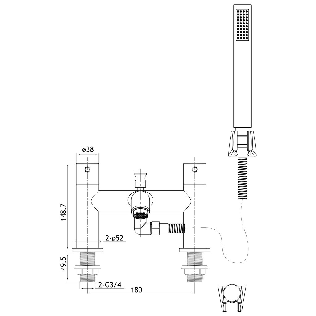 Meriden Bath Shower Mixer Tap with Handset, Hose and Holder Brushed Brass