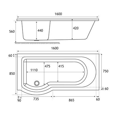 Portland 1600 x 850 x 440mm Left hand (LH) P-Shaped 5mm Shower Bath - White