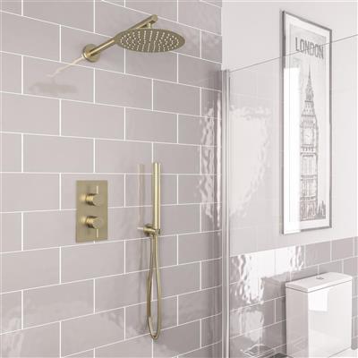 Round Thermostatic Shower Bundle with Shower Head, Valve & Handset - Brushed Brass